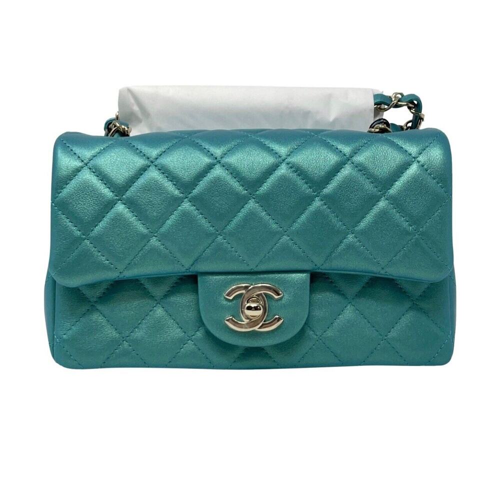 Chanel Mini Rectangular Classic 21S Green Iridescent Leather Flap Bag